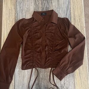 Ruched Button-Front Blouse in Brown